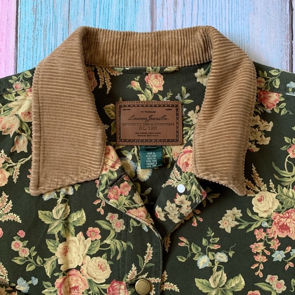 Vintage 90s Lauren Ralph Lauren Green Floral Jacket with Brown Corduroy Collar - Picture 6 of 11